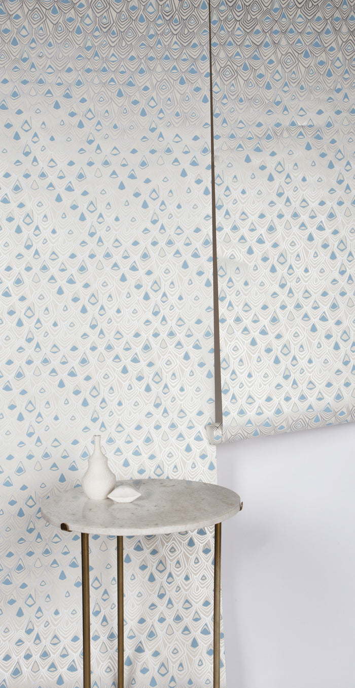 Boho Diamond Wallpaper in Metallic Silver and Fairy Blue on Off-White