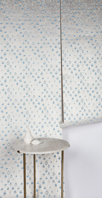 Boho Diamond Wallpaper in Metallic Silver and Fairy Blue on Off-White