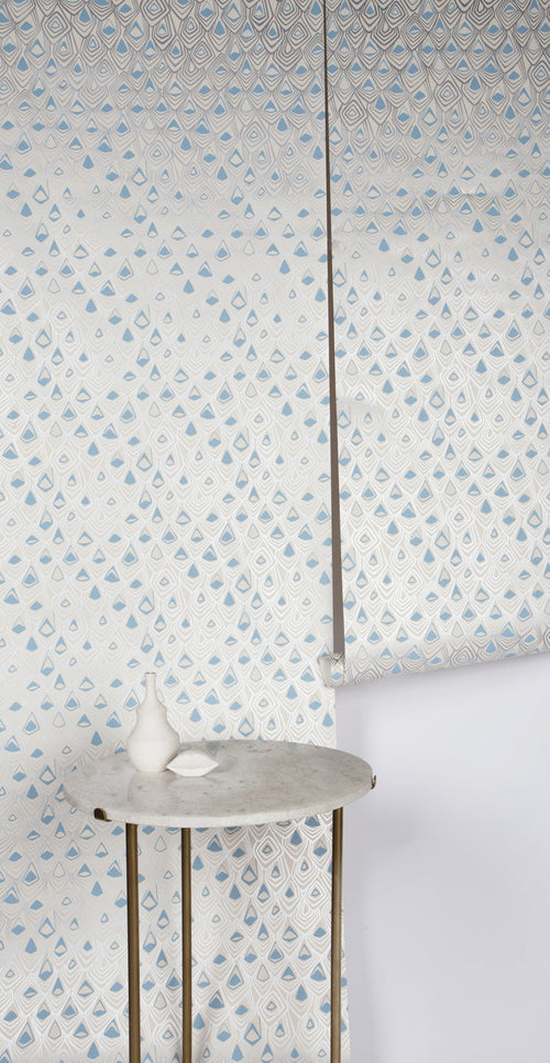 Boho Diamond Wallpaper in Metallic Silver and Fairy Blue on Off-White