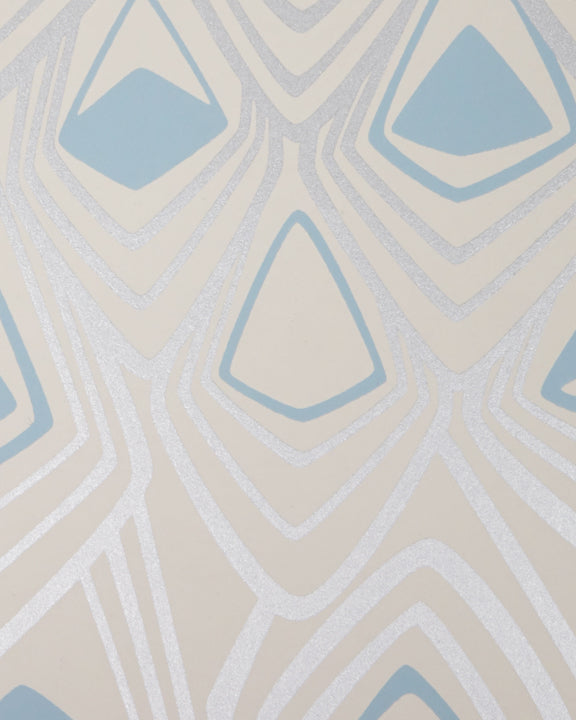 Boho Diamond Wallpaper in Metallic Silver and Fairy Blue on Off-White