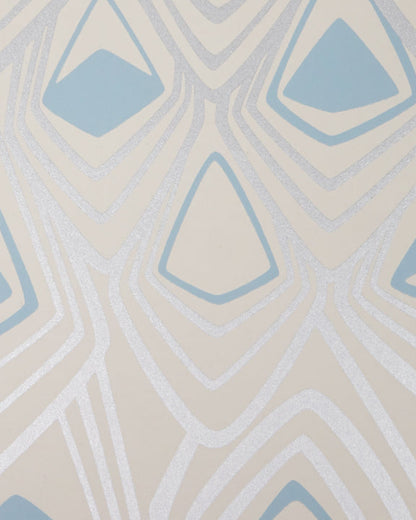 Boho Diamond Wallpaper in Metallic Silver and Fairy Blue on Off-White