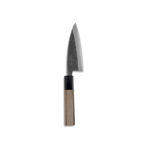 Carbon steel Ajikiri knife by Niwaki with walnut handles on white background