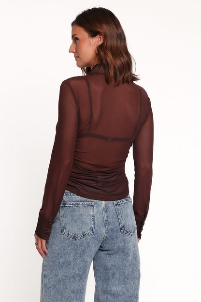 TOPS Carolyn Mesh Ruched Top - Chocolate