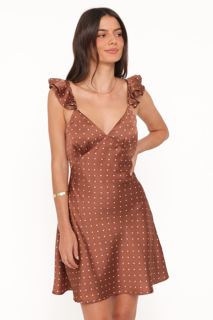 Petal and Pup USA DRESSES Cassinda Mini Dress - Brown Polka Dot