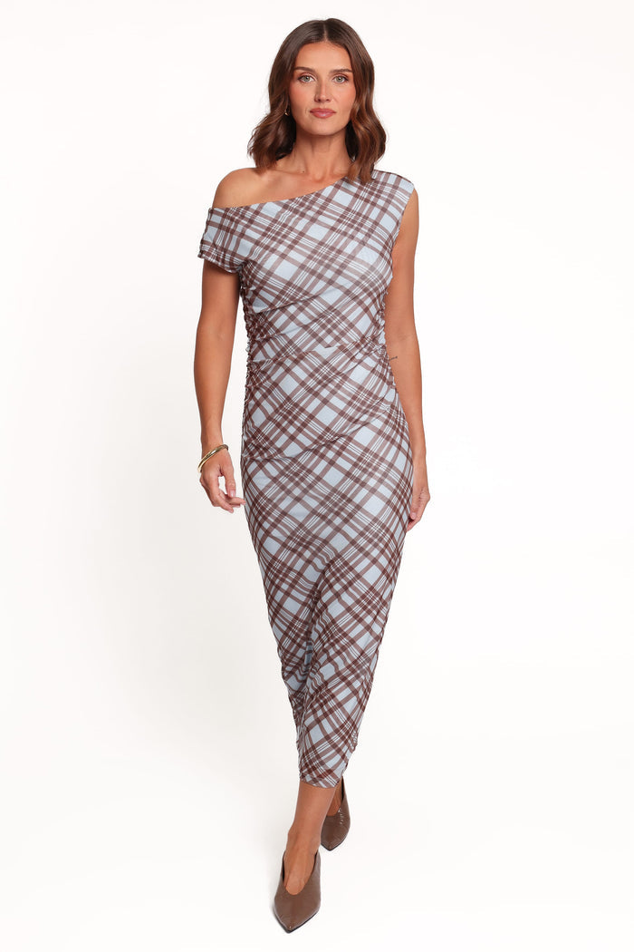 DRESSES Clea Off Shoulder Mesh Midi Dress - Blue Plaid