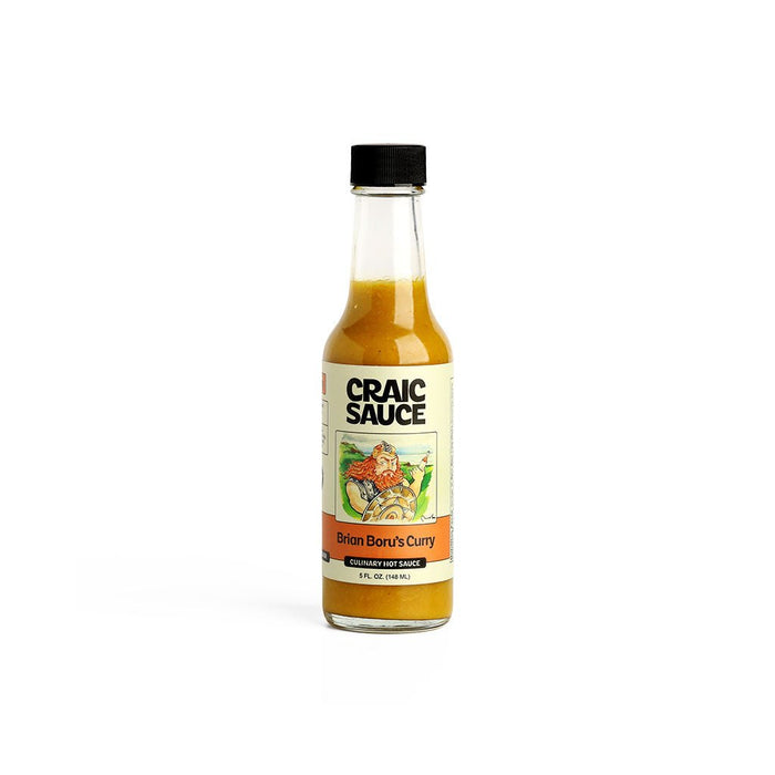 A bottle of Craic Sauce Brian Boru's Curry hot sauce.