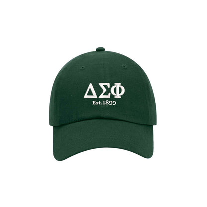 Green cap with white Delta Sigma Phi logo and 'Est. 1899' text on a white background