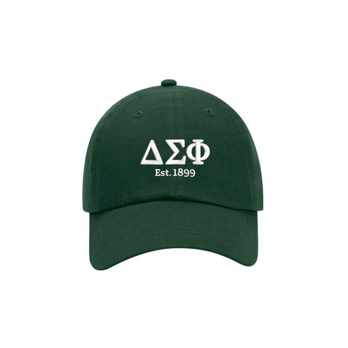 Green cap with white Delta Sigma Phi logo and 'Est. 1899' text on a white background