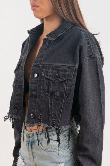 Distressed Crop Denim Jacket (Black)