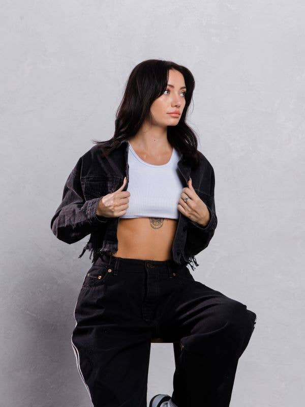 Distressed Crop Denim Jacket (Black)