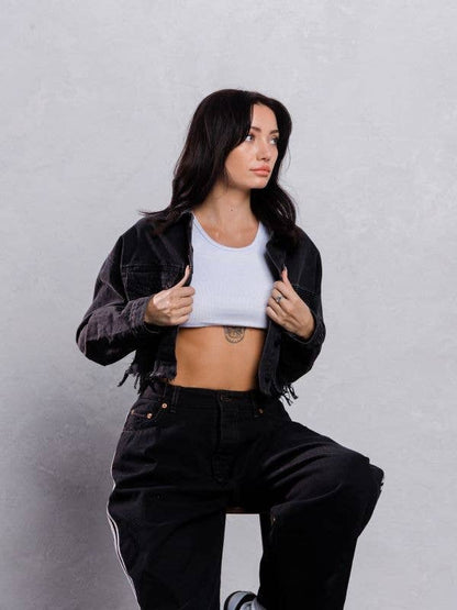 Distressed Crop Denim Jacket (Black)