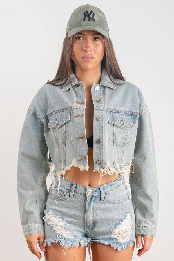 Distressed Crop Denim Jacket (Light Wash)