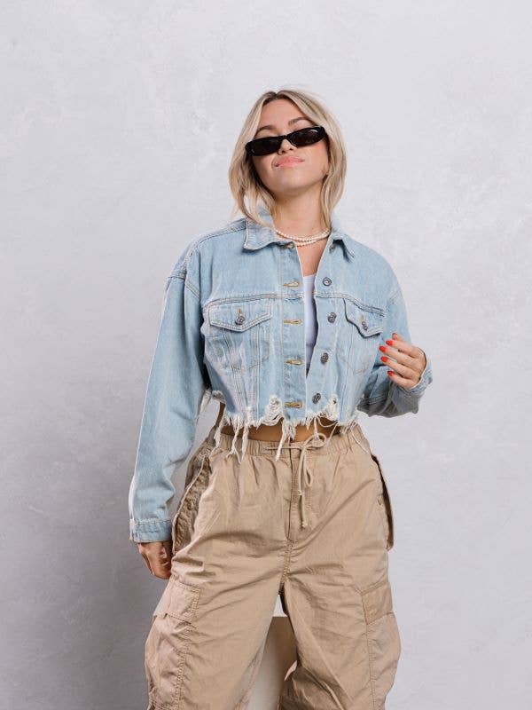 Distressed Crop Denim Jacket (Light Wash)