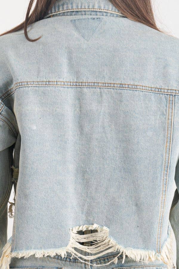 Distressed Crop Denim Jacket (Light Wash)