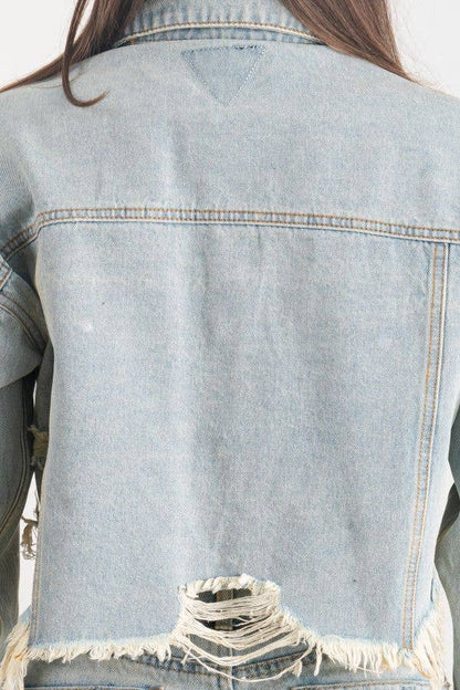 Distressed Crop Denim Jacket (Light Wash)
