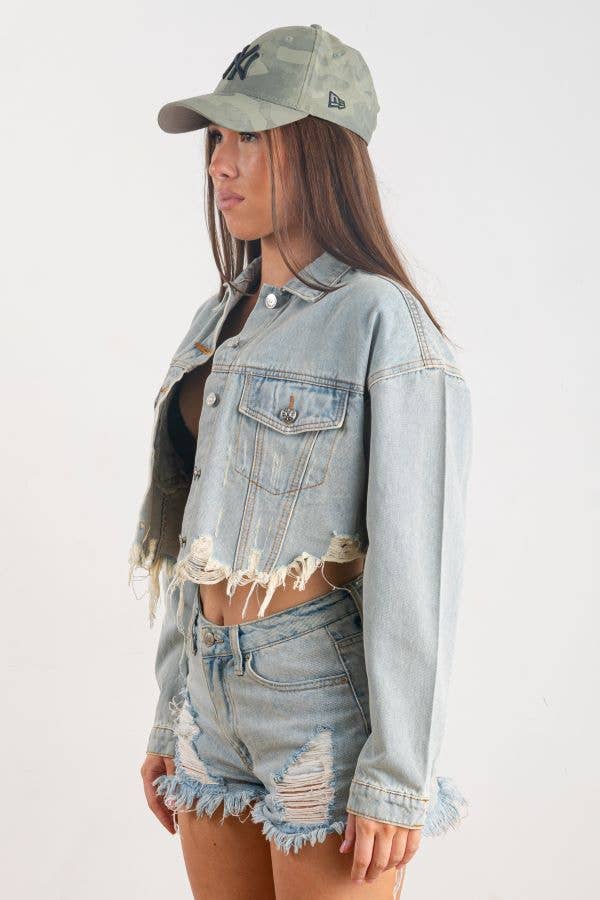 Distressed Crop Denim Jacket (Light Wash)