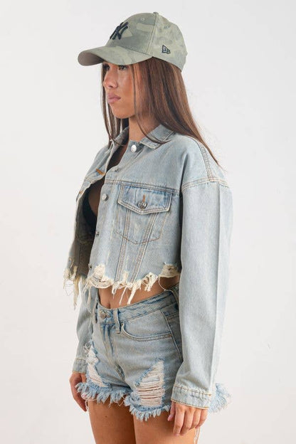 Distressed Crop Denim Jacket (Light Wash)