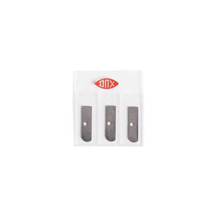 Three blades on a white card with a brand logo on a white background