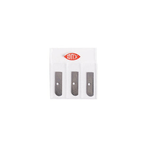 Three blades on a white card with a brand logo on a white background