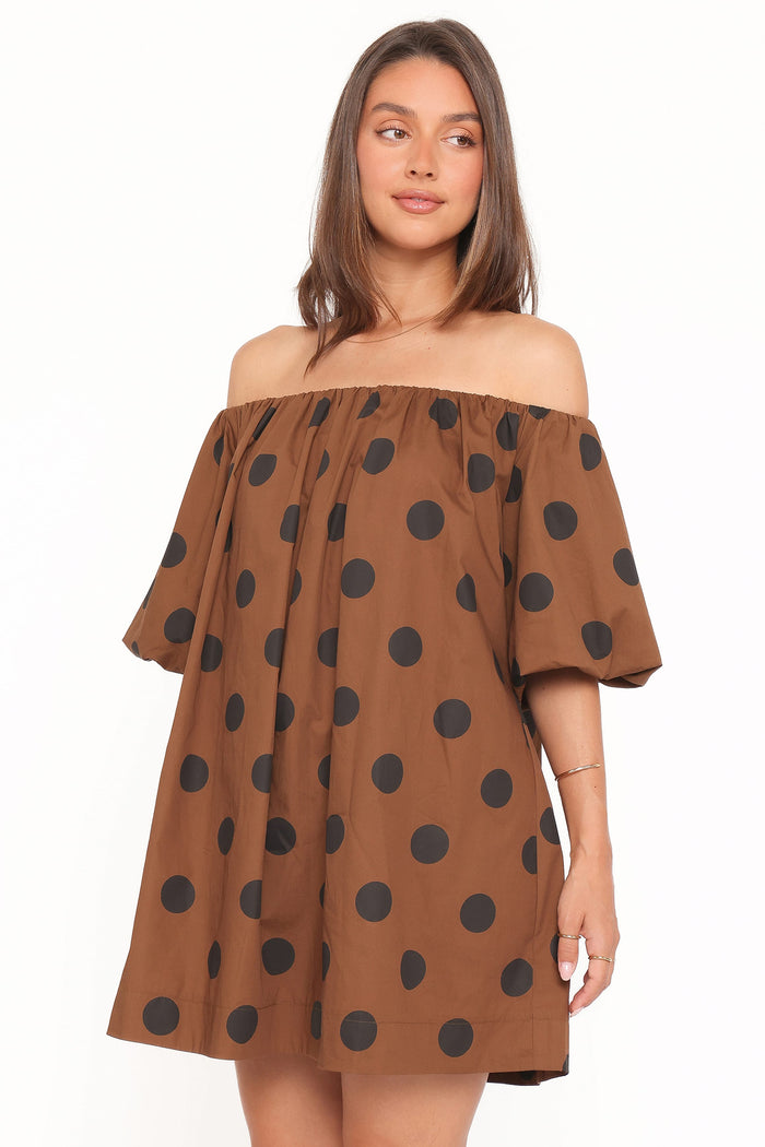 Petal and Pup USA DRESSES Eddie Mini Dress - Brown Polka Dot