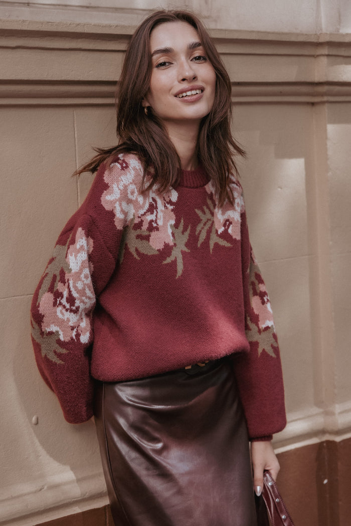 KNITWEAR Ford Sweater - Burgundy Pink Floral