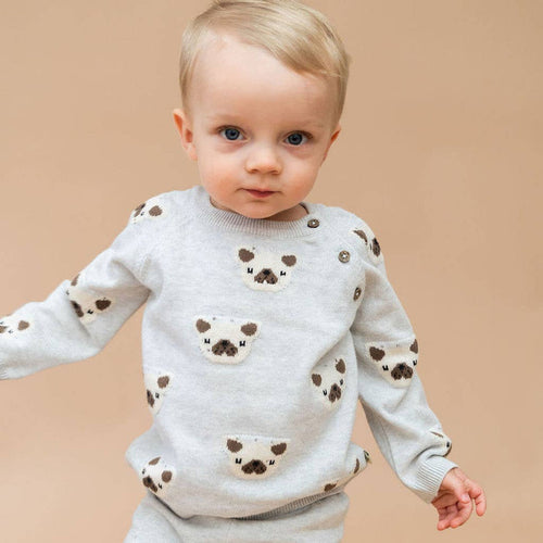 Frenchie Puppy Jacquard Knit Baby Pullover + Pants  Organic