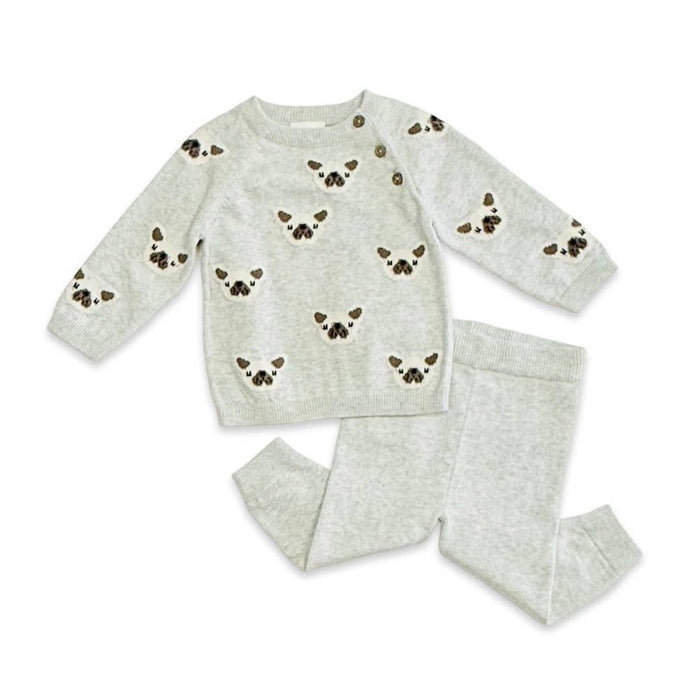 Frenchie Puppy Jacquard Knit Baby Pullover + Pants  Organic