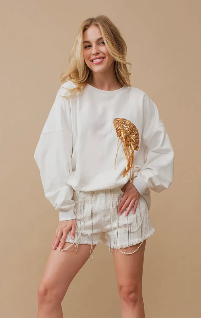 Game Day Gold Sequin Fringe Crewneck