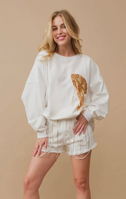 Game Day Gold Sequin Fringe Crewneck
