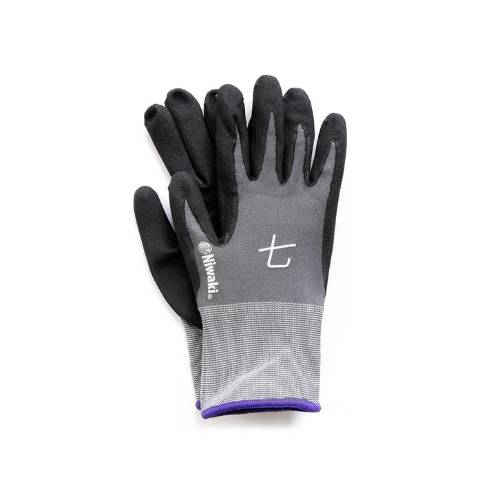 Pair of small gray Niwaki garden gloves on white background