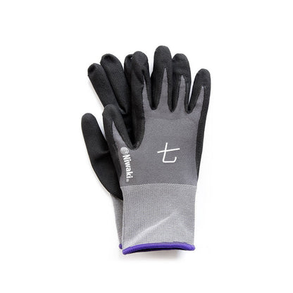 Pair of small gray Niwaki garden gloves on white background
