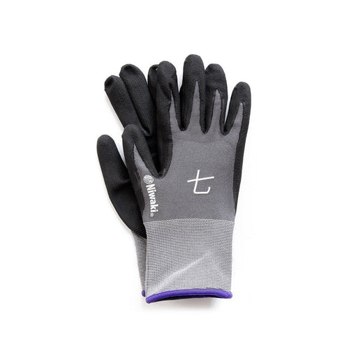 Pair of small gray Niwaki garden gloves on white background