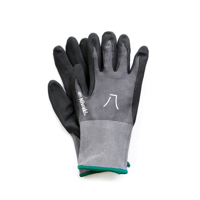 Pair of medium gray Niwaki garden gloves on white background
