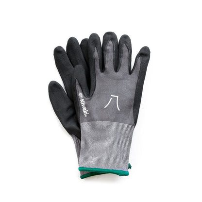 Pair of medium gray Niwaki garden gloves on white background