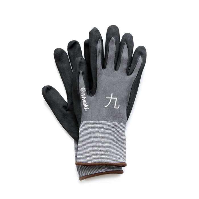 Pair of large gray Niwaki garden gloves on white background