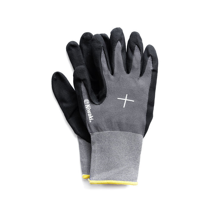 Pair of extra large gray Niwaki garden gloves on white background