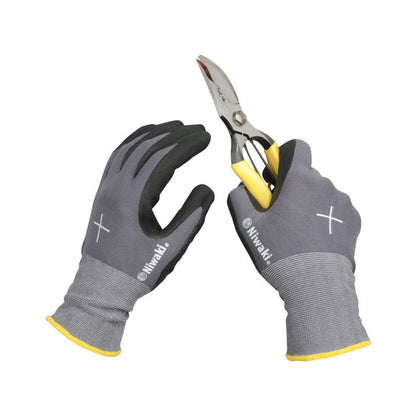 Gray gloves with yellow accents holding a pair of shears on a white background