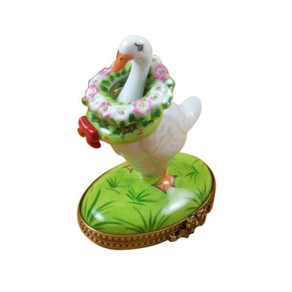 Goose with Spring and Christmas Wreaths Porcelain Limoges xmas theme wild birds French Trinket Box