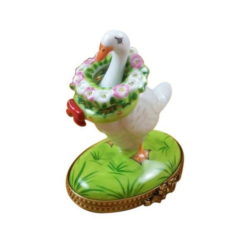 Goose with Spring and Christmas Wreaths Porcelain Limoges xmas theme wild birds French Trinket Box