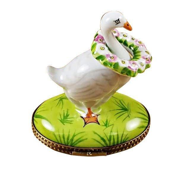 Goose with Spring and Christmas Wreaths Porcelain Limoges xmas theme wild birds French Trinket Box