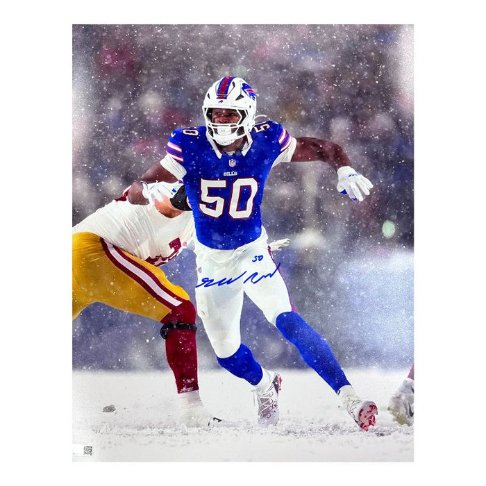 Greg Rousseau Signed Rushing in Snow vs 49ers Photo