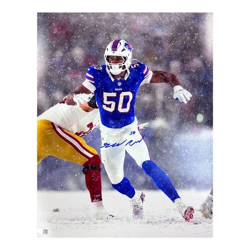 Greg Rousseau Signed Rushing in Snow vs 49ers Photo
