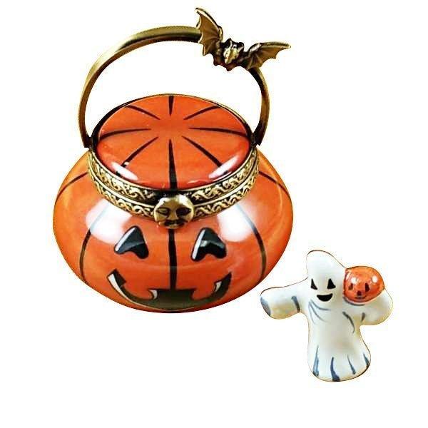 Jack O Lantern Pail with Removable Ghost Porcelain Limoges halloween French Trinket Box
