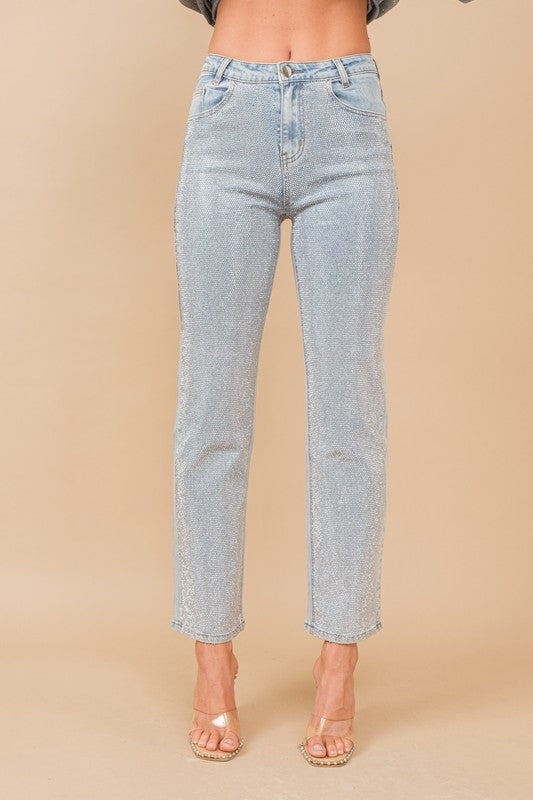 High Rise Rhinestone Denim Jeans