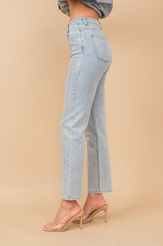 High Rise Rhinestone Denim Jeans