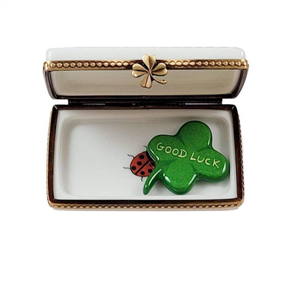 Irish Good Luck with Removable Four Leaf Clover Porcelain Limoges travel special occasions French Trinket Box