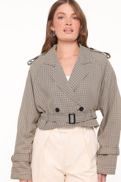 Petal and Pup USA OUTERWEAR Izzi Crop Trench Jacket - Black/Brown Plaid