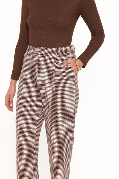 Petal and Pup USA BOTTOMS Jessie Straight Leg Trouser Pants - Brown Houndstooth