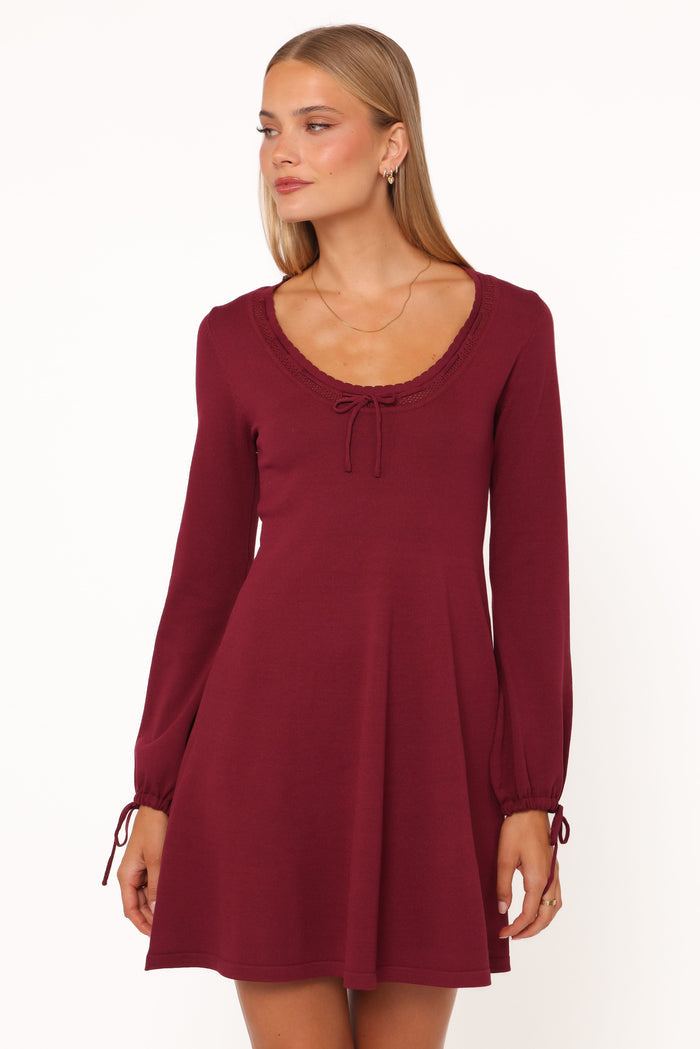Petal and Pup USA DRESSES Kaylee Knit Long Sleeve Mini Dress - Burgundy