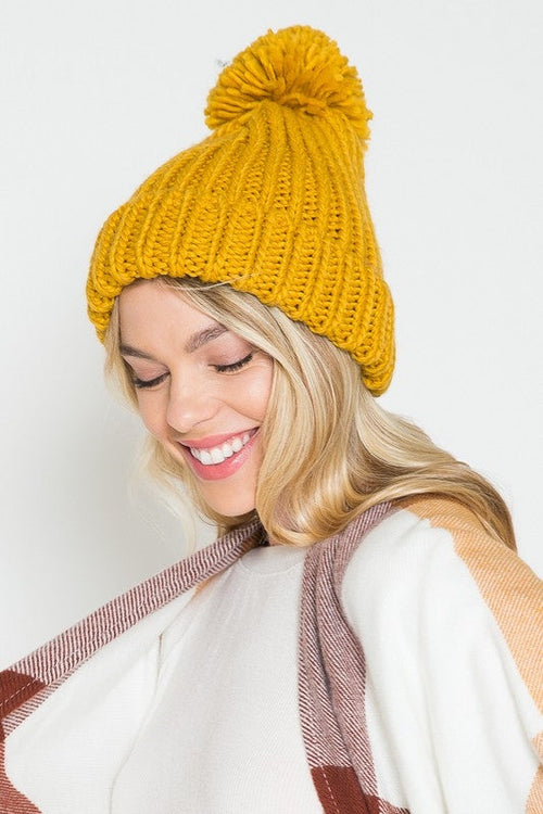 Knitted Pom Pom Beanie (Yellow)